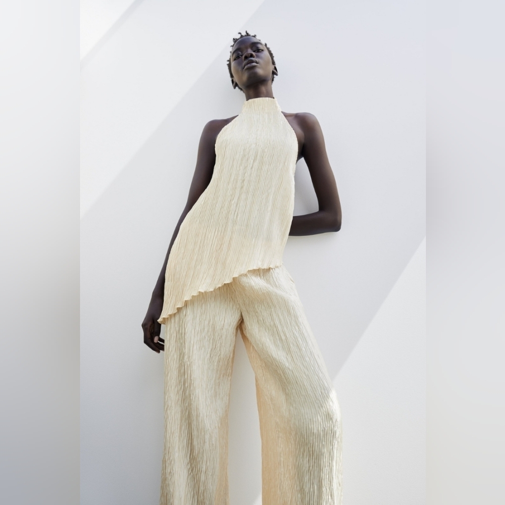 Zara satin effect pleated top and pants set (Med)